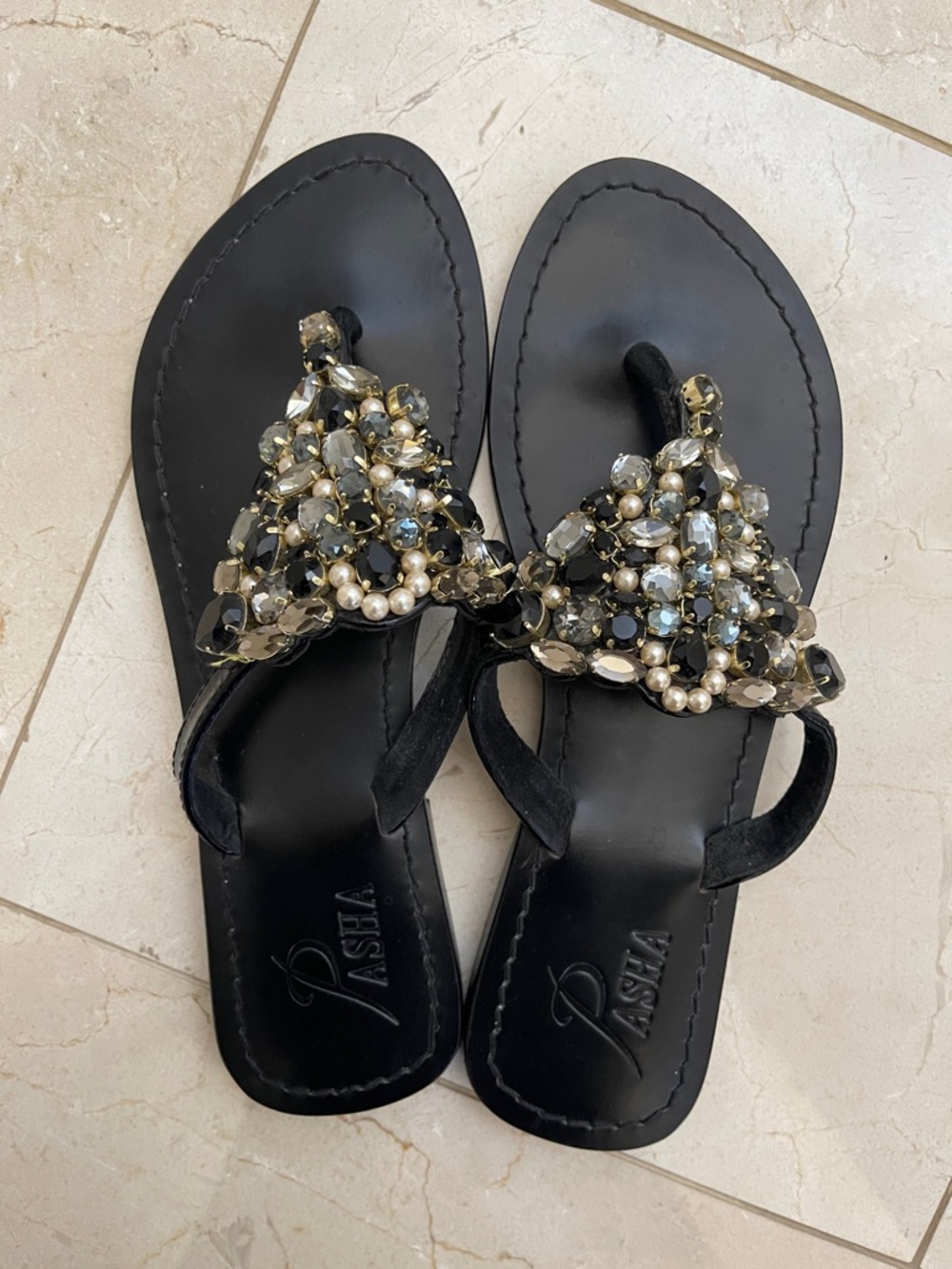Pasha Hand Crafted Black Jeweled Leather Luxury Flip Flops